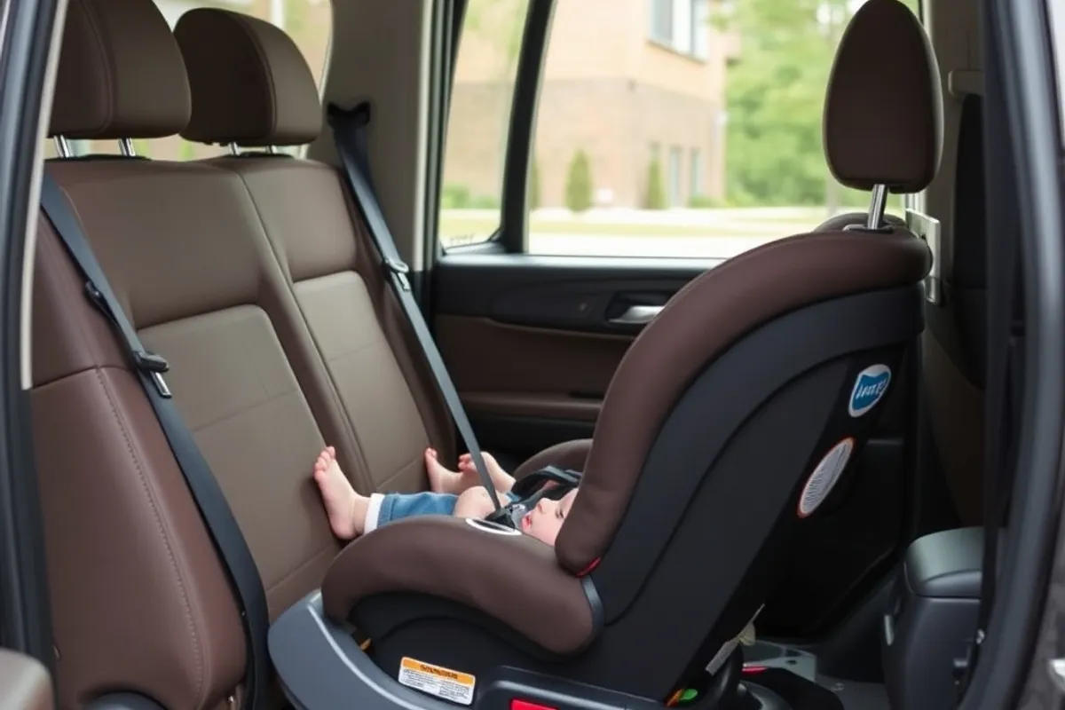 Child seat being fitted in the rear of an SUV