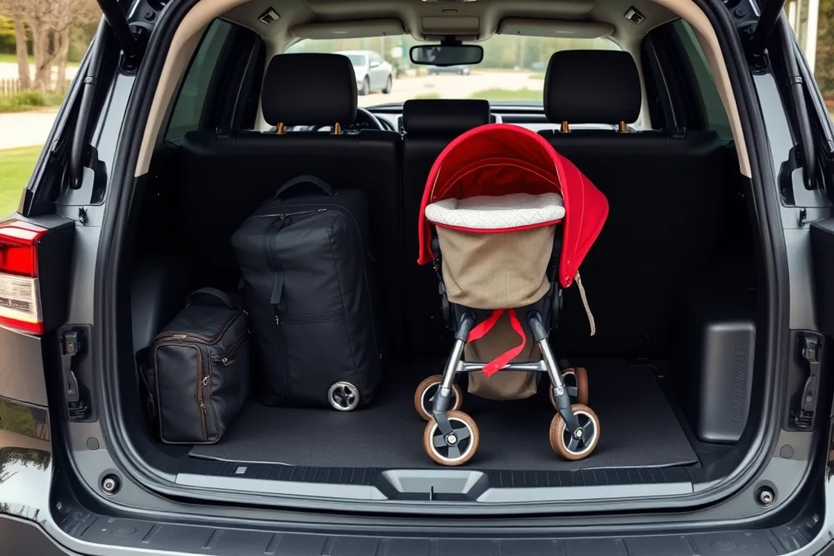 Open SUV boot loaded with luggage and a stroller