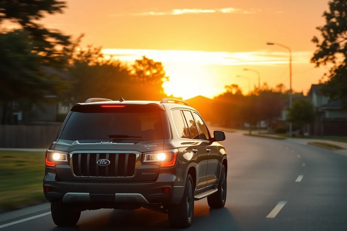 Family SUV on a suburban road at golden hour