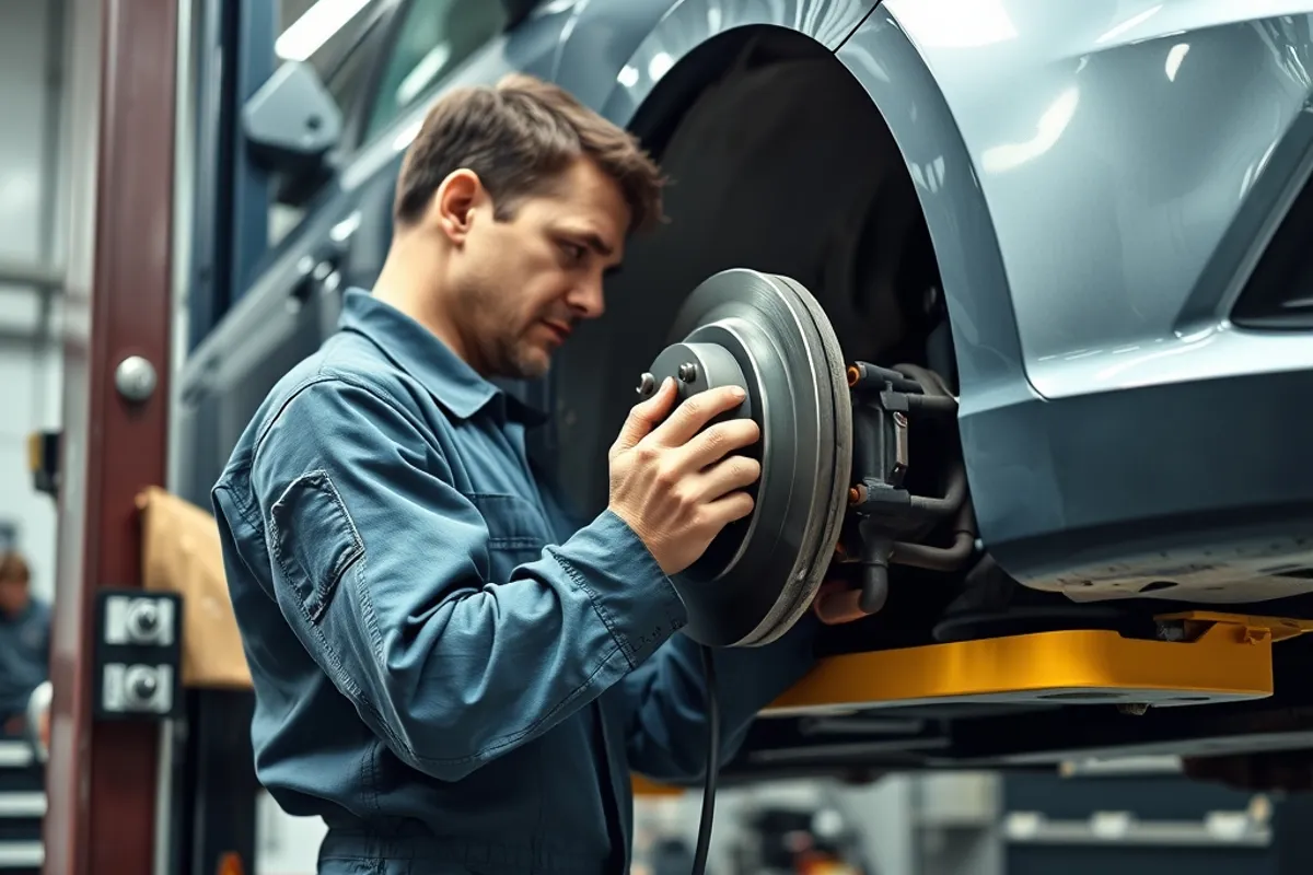 Mechanic replacing brake pads on a workshop lift
