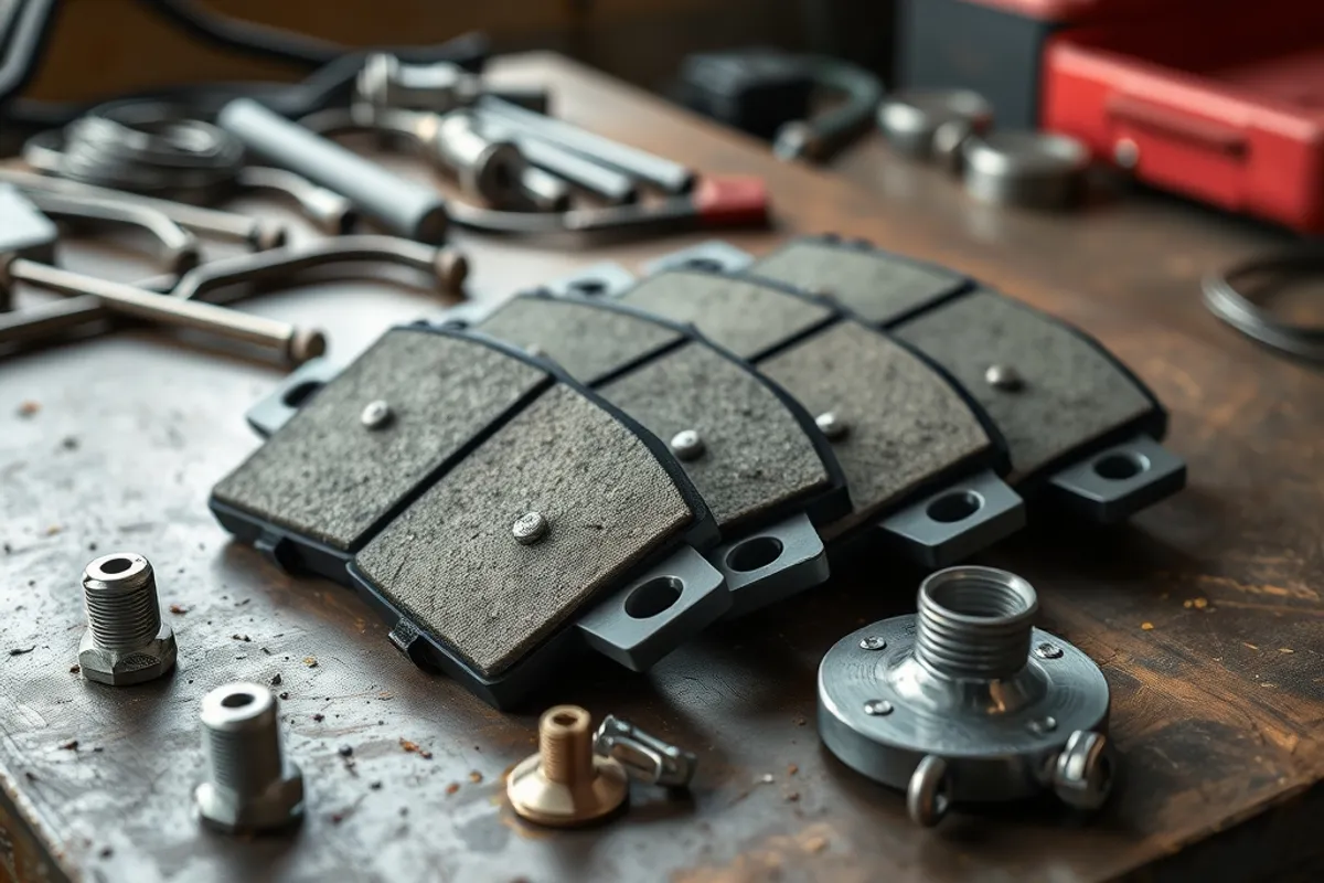 New brake pads and hardware laid out on a workbench