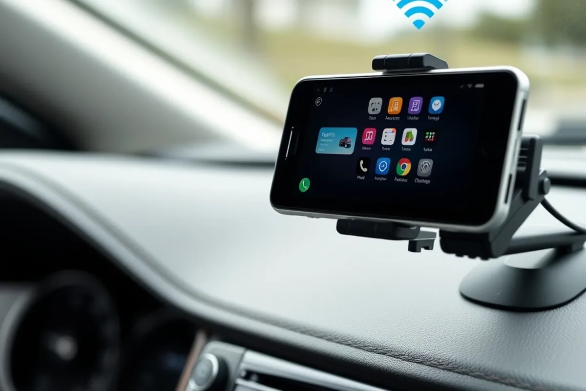 Smartphone connected wirelessly to a car display
