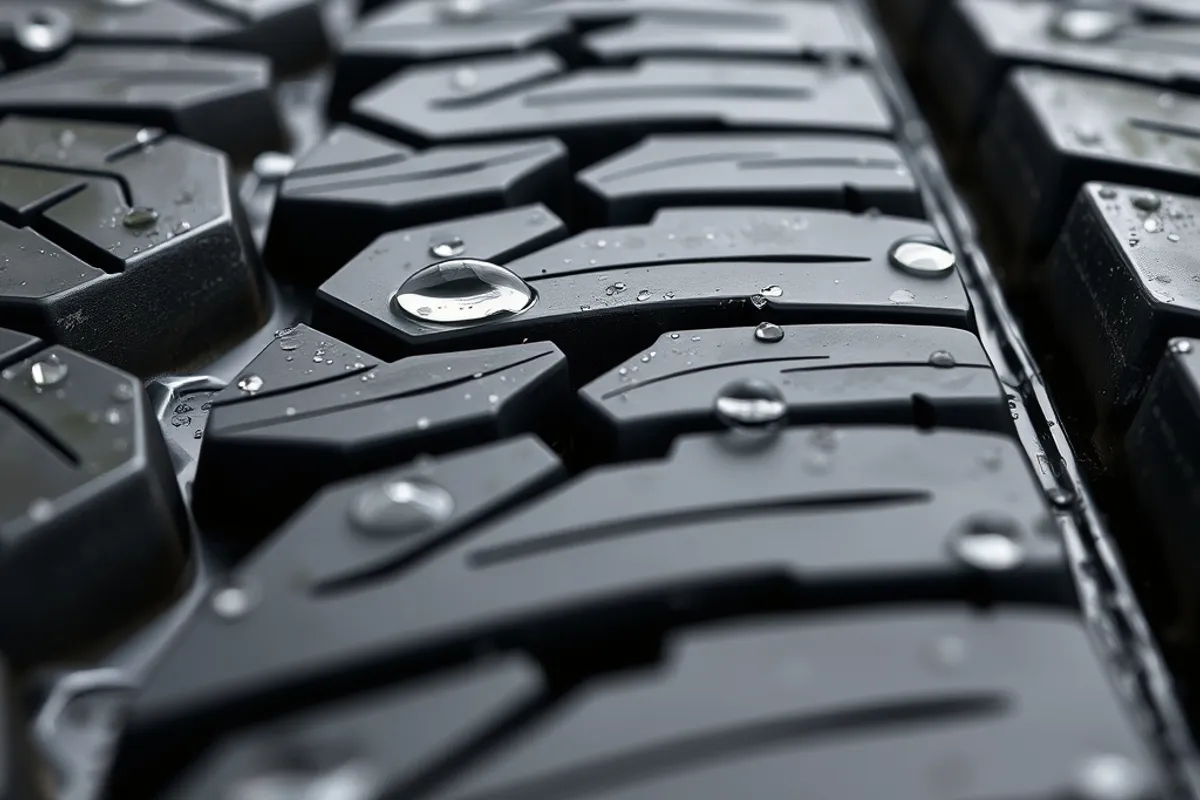 Tire tread pattern close-up with water droplets