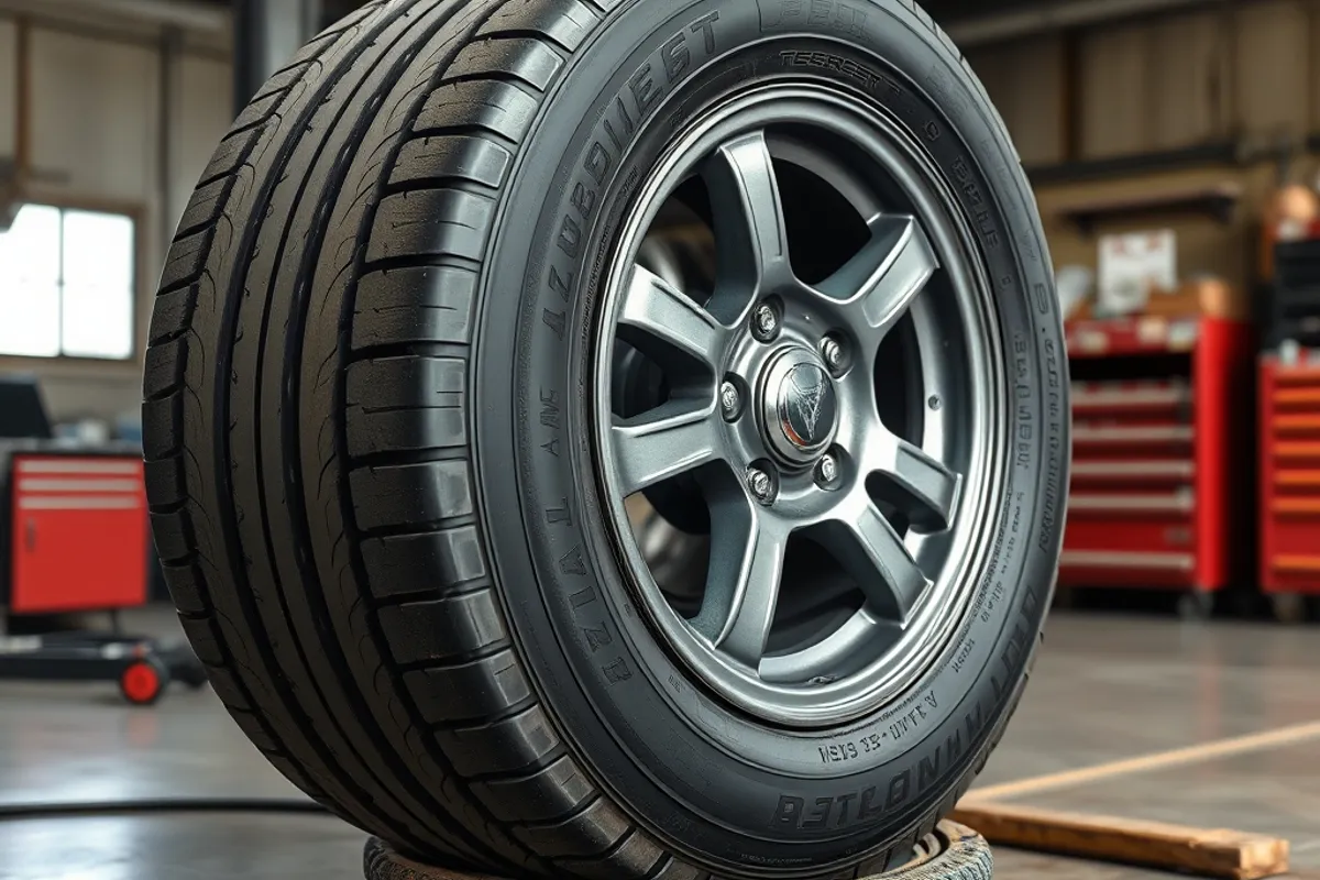 Tire being fitted and balanced in a workshop