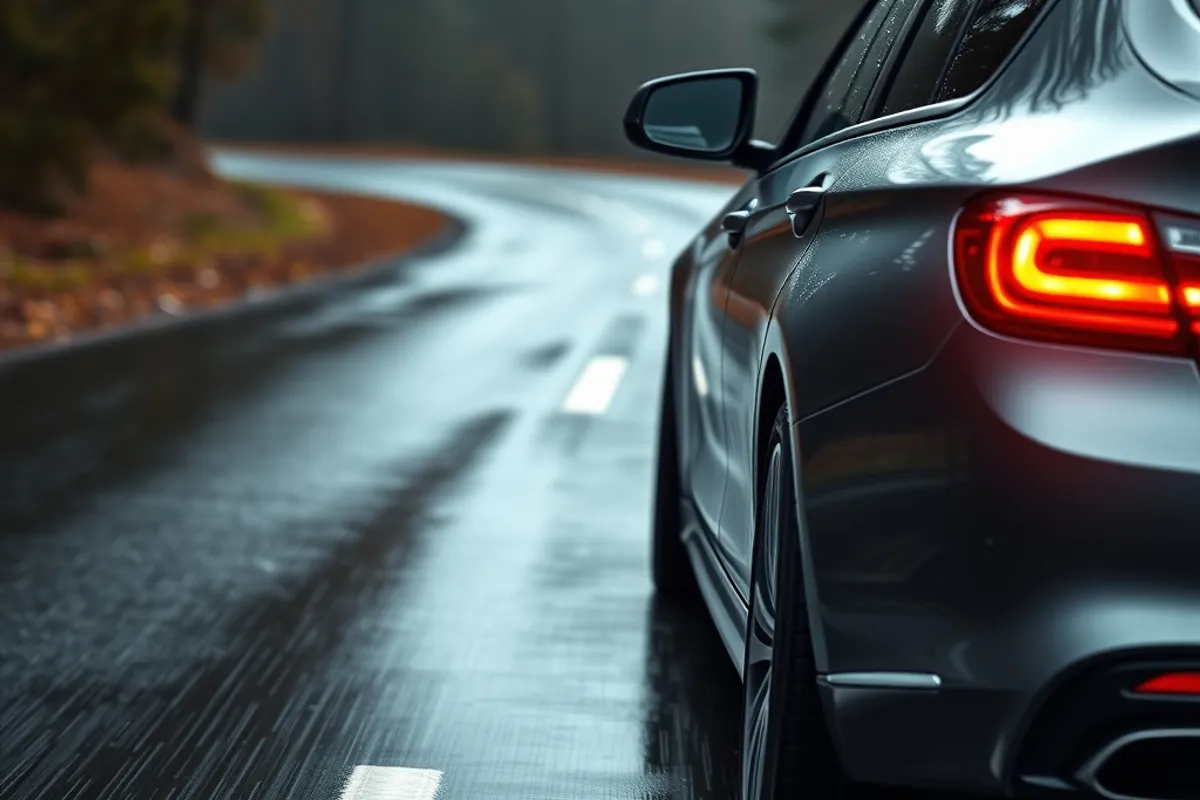 Car driving on a wet road with new tires