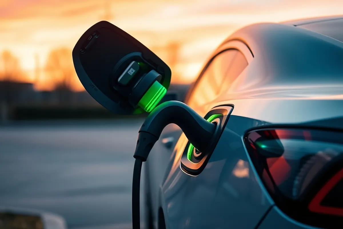 Electric car charging at home in the evening
