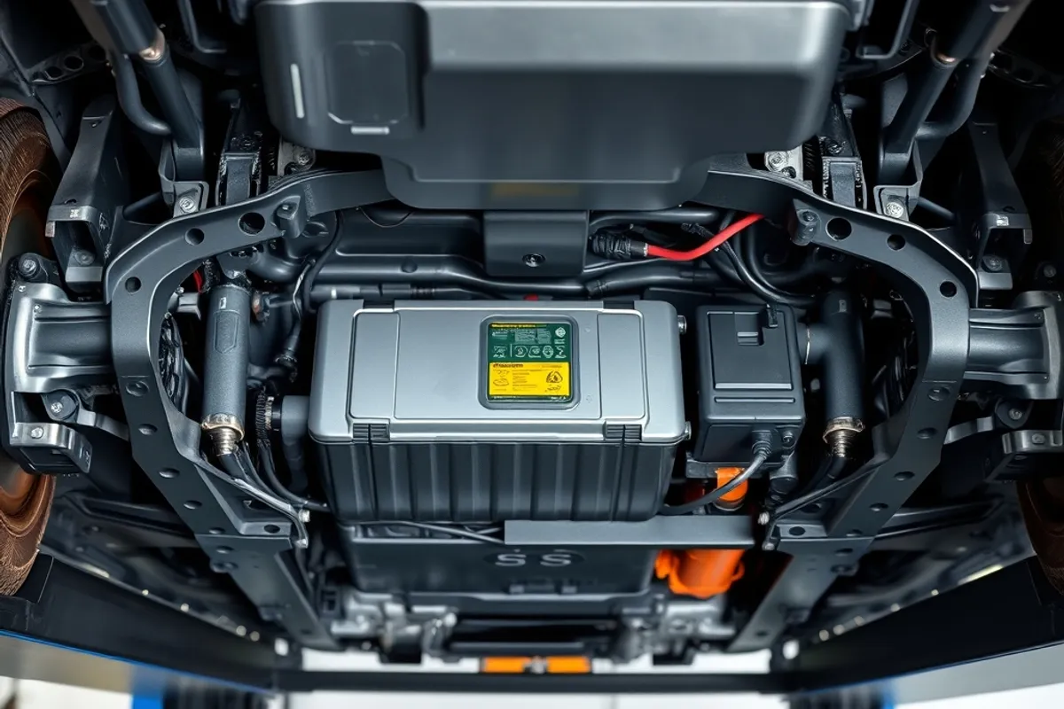 Electric vehicle battery pack visible under the chassis