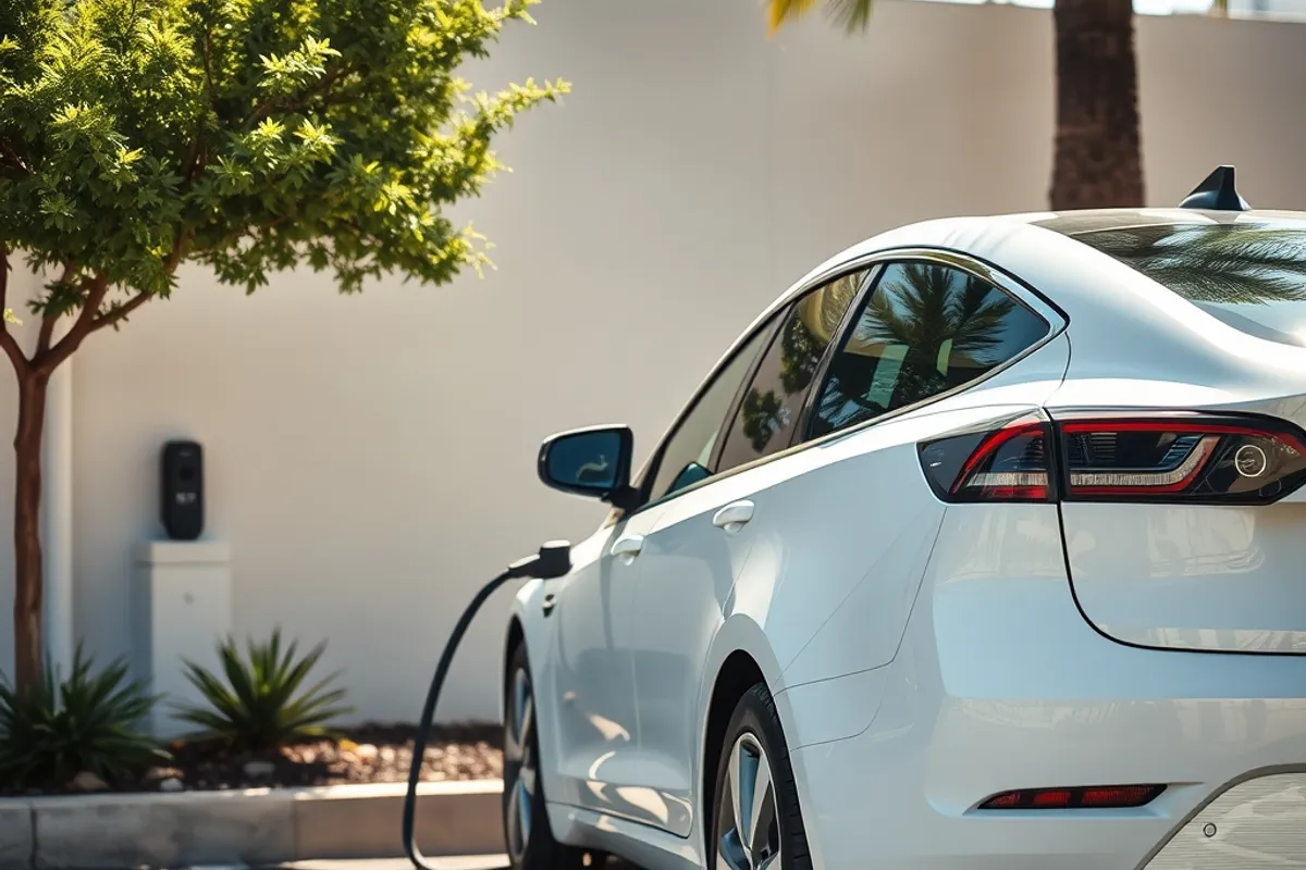 Electric car parked under shade on a hot day