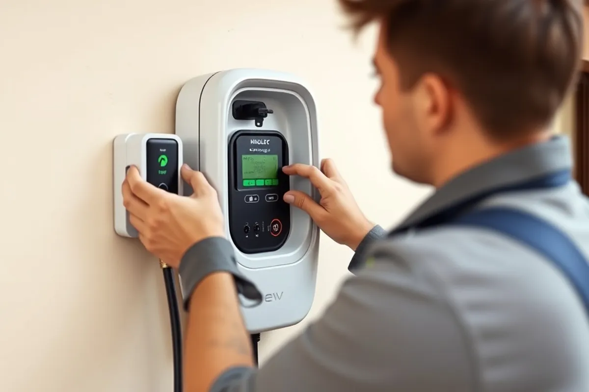 Electrician installing a home EV charger on a wall