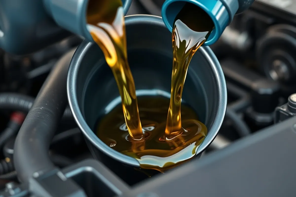 Fresh oil being poured into an engine through a funnel