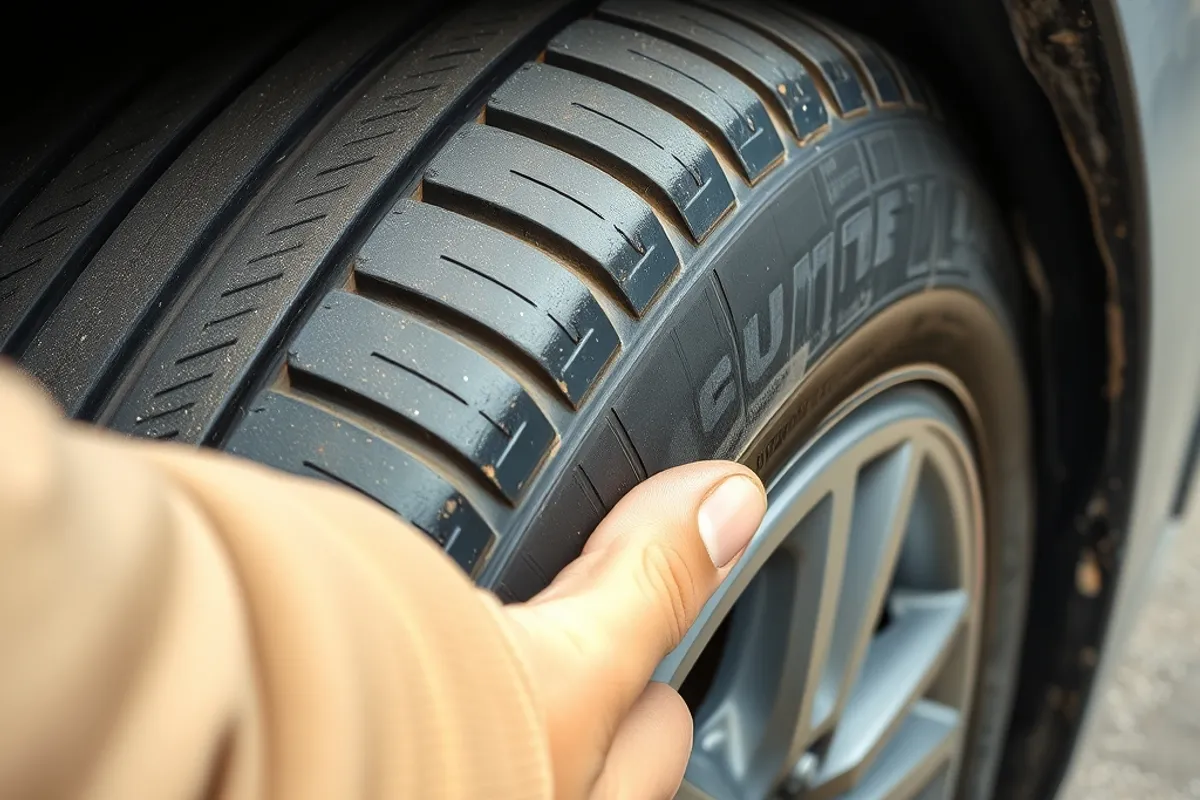 Tire tread and sidewall being checked on a used car